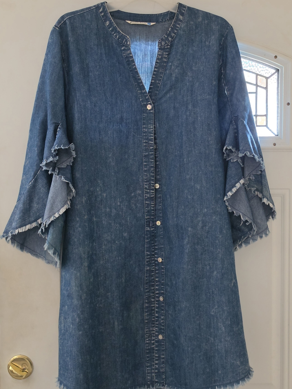 Frayed Ruffle-Sleeve Denim Tunic Jacket - Blue